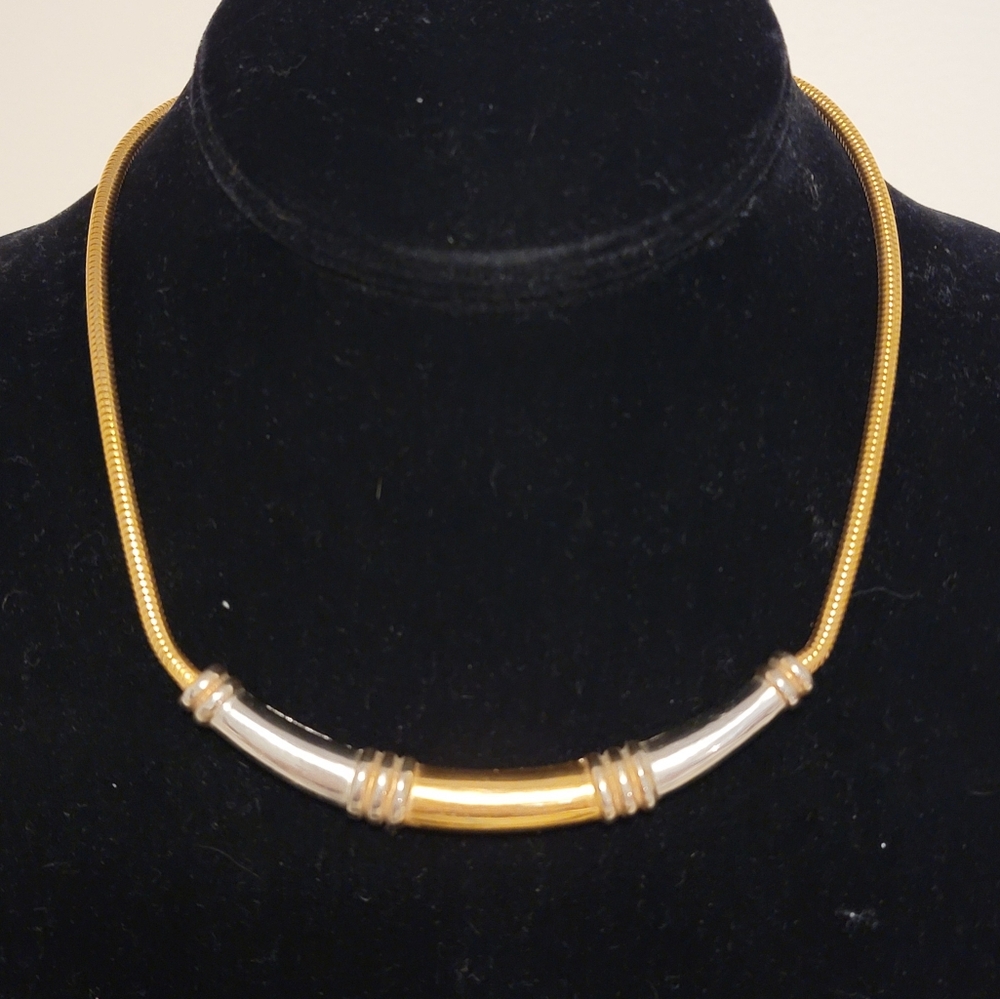 Vintage Crown Trifari Two Tone Gold Silver Cylinder Snake Chain Necklace